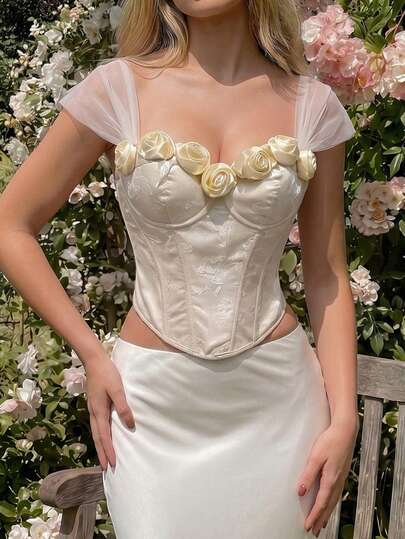 SHEIN 女士3D立体花卉装饰斜肩休闲百搭约会外出上衣