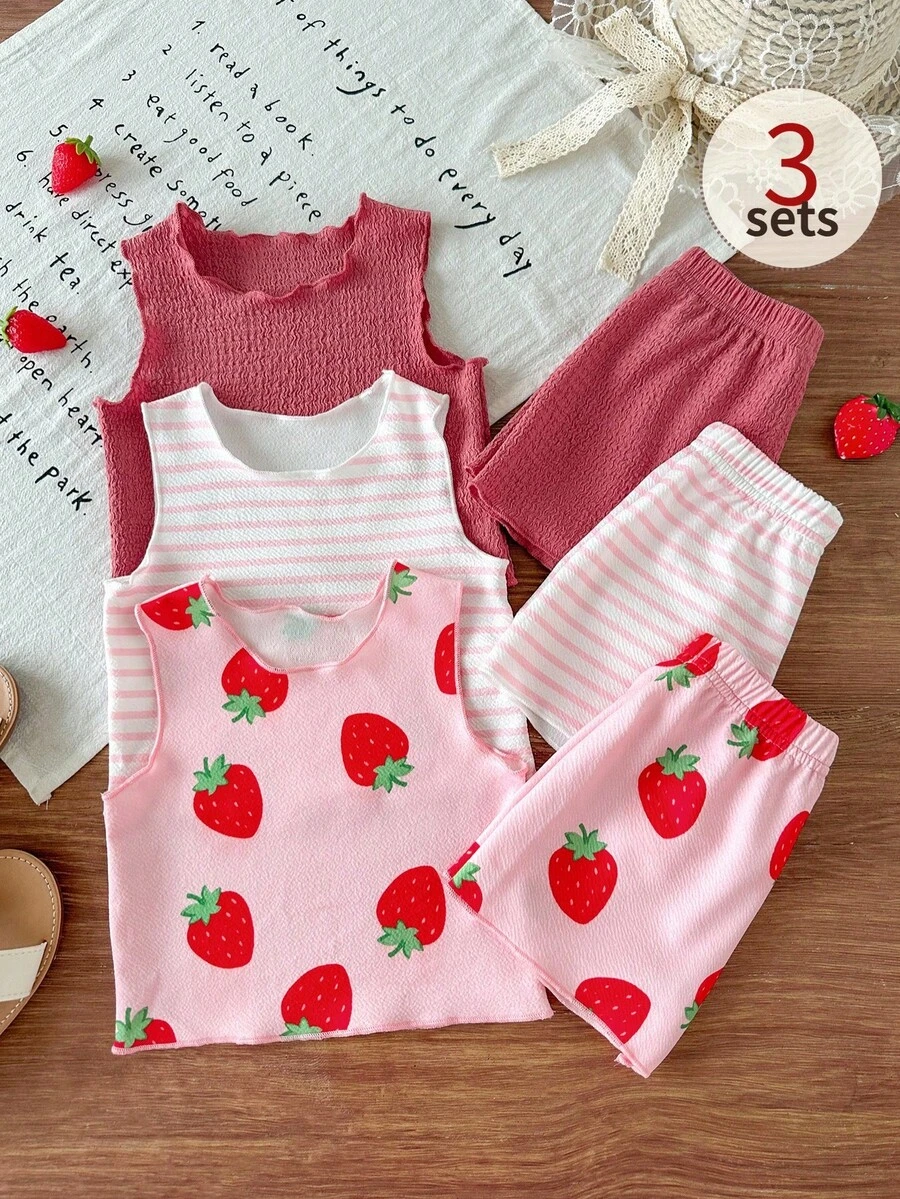 SHEIN Bộ 6 món cho bé gái 0-3 tuổi, kiểu dáng thường ngày, cơ bản, thích hợp đi nghỉ mát, chất liệu vải dệt kim mềm mại, áo không tay và quần short, có 3 màu: màu mơ, xanh lá cây nhạt và đen. - Nhiều màu - Xem 1