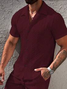 Manfinity Homme Men's Solid Color Front Button Casual Versatile Short Sleeve Shirt, Summer - Burgundy - View 3