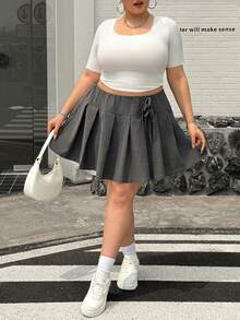 SHEIN CURVE+ 大码女式休闲侧系带百褶短裙，配打底裤，拼接蕾丝裙 - 深灰色 - 查看 7