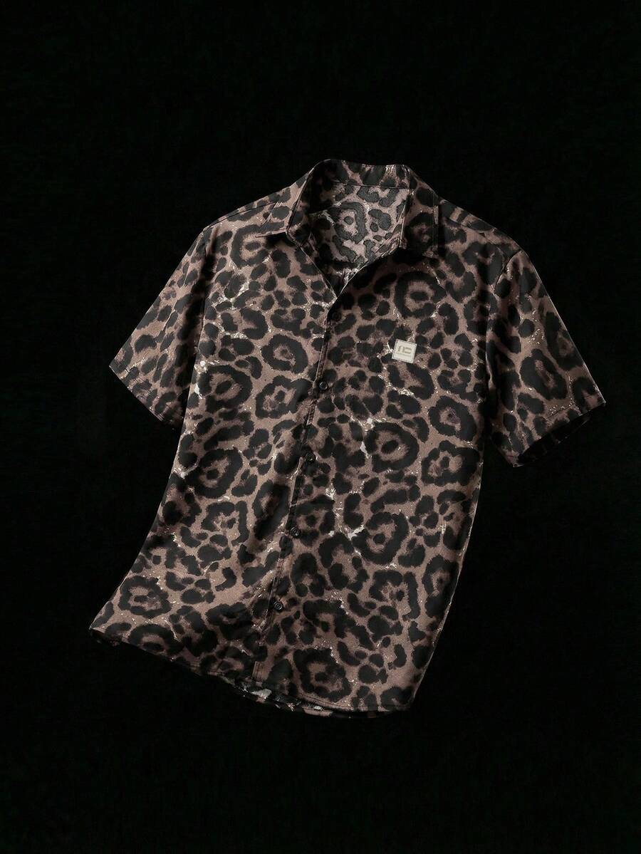 NEON BLANC Men's Leopard Print Short Sleeve Shirt - Brown - View 1