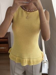 Women's Sleeveless Crew Neck Hollow Out Ruffled Hem Knit Top - Yellow - View 6