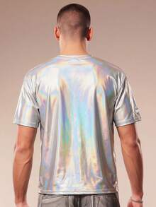 FeverCity 1pc Oversized Holographic Drop Shoulder T-Shirt Rave Shirt Silver Shirts Reflective Shirt Iridescent Shirt Reflective Outfit - Silver - View 2