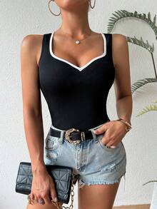 Chiquease Color Block Sweetheart Neckline Sleeveless Slim Fitted Tank Top - Black and White - View 5
