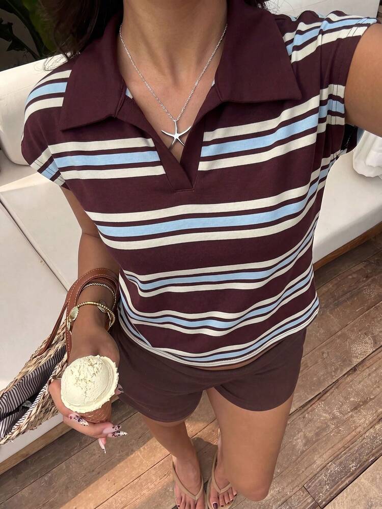 Aloruh Camisa polo de mujer de estilo retro Y2K con rayas multicolor, de ajuste holgado, con estilo universitario preppy, nueva para primavera/verano, con vibra de "old money" - Multicolor - Ver 2