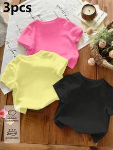 3pcs/Set Girls' Casual Chic Creative Cute Cat Graphic Tees, Comfortable Daily Wear, Suitable For Spring, Summer And Autumn - Black - View 2