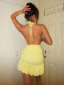 EgrlEra 女士性感蕾丝深V领露背迷你连衣裙，配腰带，夏季时尚 - 黃色 - 查看 2