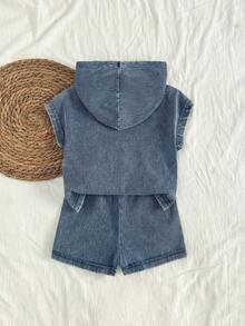 2pcs Baby Boy Knitted Denim Loose Top And Shorts Set, Blue - Medium Wash - View 2