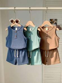SHEIN 6pcs/Set Baby Boy Cute Casual Knit Vest & Shorts Set, Summer Basic Multi-Pack - Multicolor - View 9