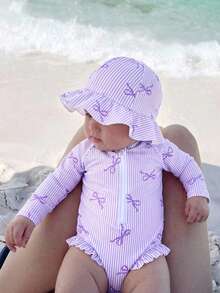 SHEIN Newborn Baby Girl Striped Bow Ruffle One-Piece Swimsuit - Mauve Purple - View 2
