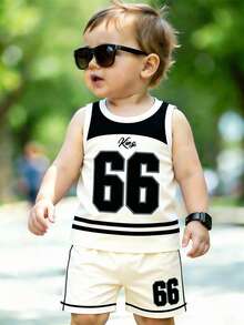 2pcs/Set Baby Boy Casual Holiday Outfit, 66 Pattern Print Vest + Numeric Print Shorts, Suitable For Summer Outings - Multicolor - View 2