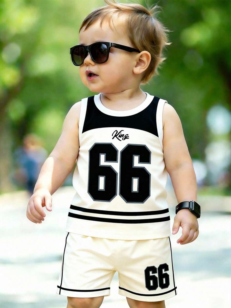 2pcs/Set Baby Boy Casual Holiday Outfit, 66 Pattern Print Vest + Numeric Print Shorts, Suitable For Summer Outings