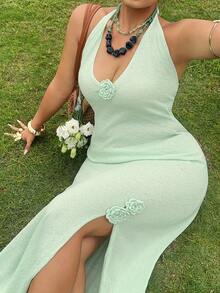 Dazy Plus V-Neck Floral Decor Maxi Dress With Side Slit, Vacation Style Beach Cover Up, Plus Size Sun Dresses For Women - Mint Green - View 5