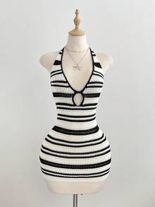 Women's Sleeveless Ombre Perforated Knit Halter Neck Sweater Dress, Spring/Summer - Multicolor - View 3