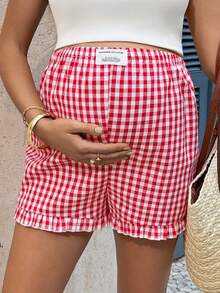 SHEIN Quần short bầu dáng rộng, cạp chun, họa tiết kẻ caro, viền bèo nhún, kiểu dáng thường ngày, đa năng. - Đỏ - Xem 3