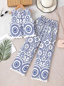 SHEIN Tween Girl Contrast Color Allover Print Casual Sleeveless Top And Loose Fit Wide Leg Pants - Blue - View 9