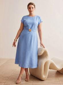 MOTF PREMIUM PLUS SIZE WOMEN'S LINEN MINIMALIST COMFORTABLE WAIST BELTED FLARED DRESS, SPRING/SUMMER - Blue - View 3