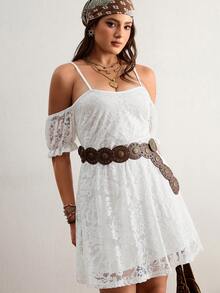 Freevana BOHO Chic White Lace Cutout Dress – Spaghetti Strap V-Neck Off-Shoulder Convertible, Puff Sleeve Ruffle Cuff, Sheer Waist Panel, Fit & Flare A-Line Mini Dress, Summer Vacation Beach Photo Wedding Guest Date Night Women's Dress - White - View 6