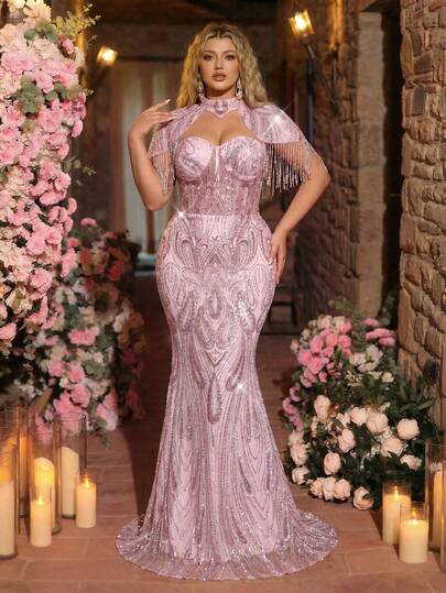 Glamrae Đầm dạ hội cỡ lớn sang trọng, thanh lịch màu sâm panh đính cườm và sequin kiểu đuôi cá với tay áo tua rua, phù hợp cho đám cưới, tiệc tùng, kỳ nghỉ, dạ hội, trang phục trang trọng buổi tối (đính kết rất cầu kỳ)