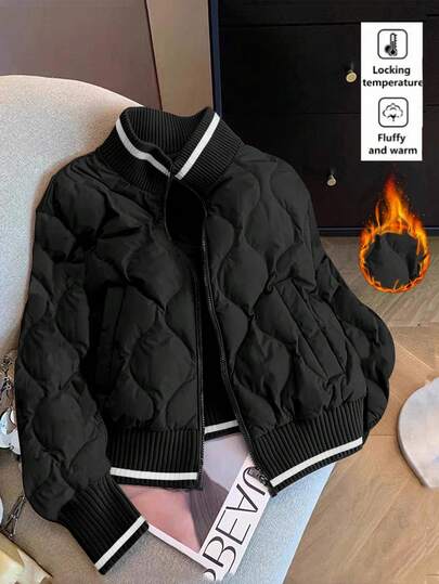 Franclia 欧美时尚撞色拼接针织菱形图案羽绒服，女士户外羽绒服，带口袋，秋冬款