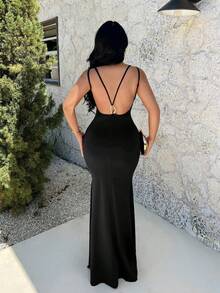 SHEIN SXY Đầm hai dây gợi cảm hở lưng, màu trơn, đính kim loại, dáng đuôi cá, ôm sát, thích hợp cho kỳ nghỉ biển dành cho nữ. - màu đen - Xem 4