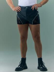 FeverCity Men's Lace Patchwork Rivet Decor Casual Versatile Daily Wear Shorts - Black - View 5