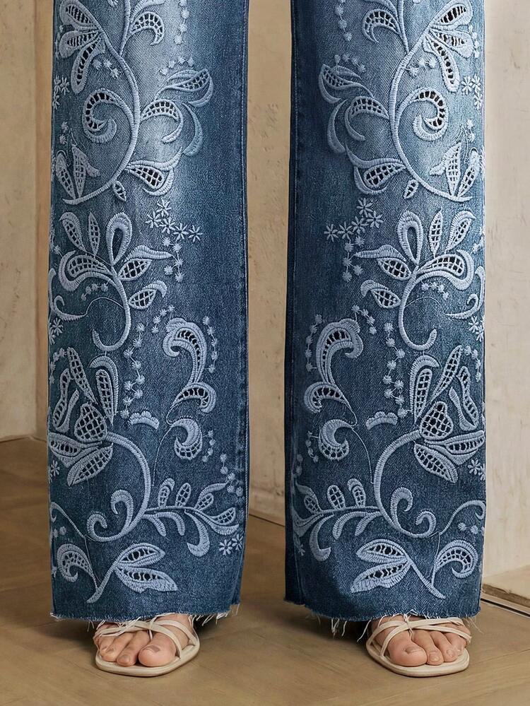 Women's Sexy Hollow-Out Embroidered Casual Vacation Style Blue Straight Leg Jeans