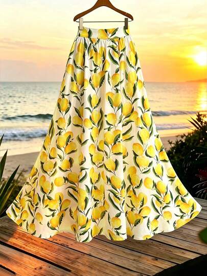 Franclia Chân váy dài dáng chữ A mùa hè in họa tiết chanh dành cho nữ cỡ lớn, màu vàng chanh.