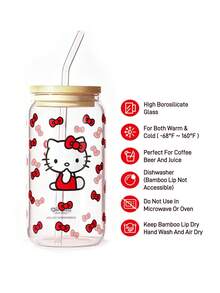 HELLO KITTY AND FRIENDS | SHEIN 1個 Kitty 500ml/16.91oz 高硼矽玻璃隨行杯，附吸管與吸管刷，雙面印花紅色蝴蝶結可愛卡通冰咖啡杯，大容量水杯，適合居家、旅行與送禮 - 無色 - 查看 3