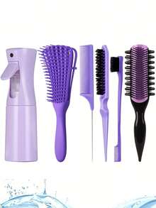 5pcs New 9-Row Comb Hair Brush Set, With Side Grooves Design To Enhance Curling And Separation, Wet & Dry 8-Tooth Comb, (6.8 OZ / 200 ML) Multi-Function Small High-Pressure Continuous Spray Moisturizing Travel Makeup Bottle - Multicolor - View 2