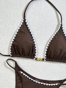 Bonvoyette Conjunto de ropa de playa de moda para mujer, diseño de borde de concha de color contrastante, conjunto de ropa de baño casual, accesorio con hebilla de concha metálica de diseño lindo, bikini minimalista de vacaciones con escote halter, adecuado para fiesta de playa, vacaciones casuales, bikini elegante sin espalda de dos piezas - Marrón - Ver 6