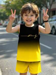 2pcs/Set Young Boy Streetwear Casual Logo Gradient Print Round Neck Tank Top & Logo Print Shorts Set, Suitable For Summer Outings - Multicolor - View 3