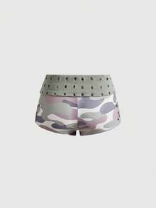 ROMWE Street Life Quần short nữ họa tiết rằn ri, viền đinh tán, phong cách đường phố Y2K. - xanh quân đội - Xem 2