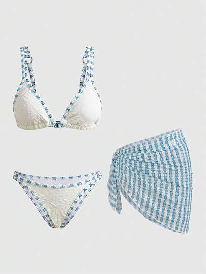 ROMWE Avant 时尚性感三件套，特殊面料，年轻女士比基尼沙滩度假印花泳衣套装。腰围和胸围适中，适合夏季度假穿着。