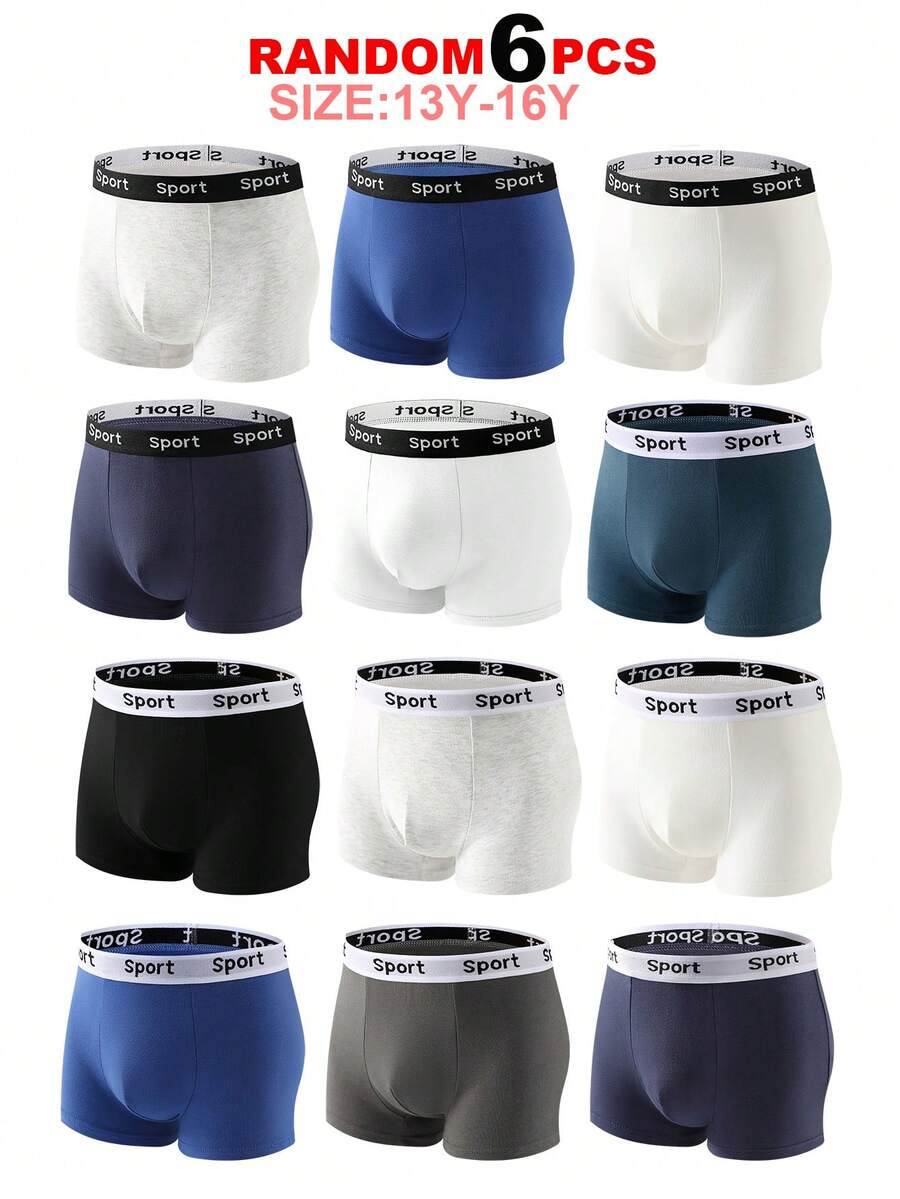 6 chiếc/gói quần boxer màu trơn, mềm mại, thoải mái dành cho thiếu niên nam - Nhiều màu - Xem 1