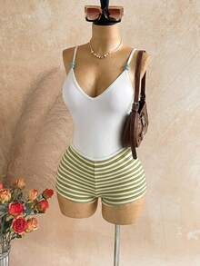 Soleia Beach Vacation 2 Pieces Set: Swimwear & Striped Shorts - Green - View 5