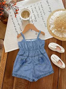 SHEIN Bộ áo liền quần cho bé gái màu xanh denim dễ thương, kiểu dáng thường ngày, họa tiết bướm, dây buộc nơ, thích hợp cho mùa hè. - Màu xanh lam - Xem 5