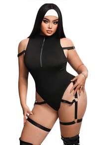 SHEIN Plus Size Fashionable Pioneer Zipper Knit Jumpsuit - Black - View 4