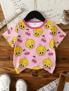 LOONEY TUNES X SHEIN GraphicGems 女婴可爱卡通印花圆领短袖上衣 - 玫紅色 - 查看 3