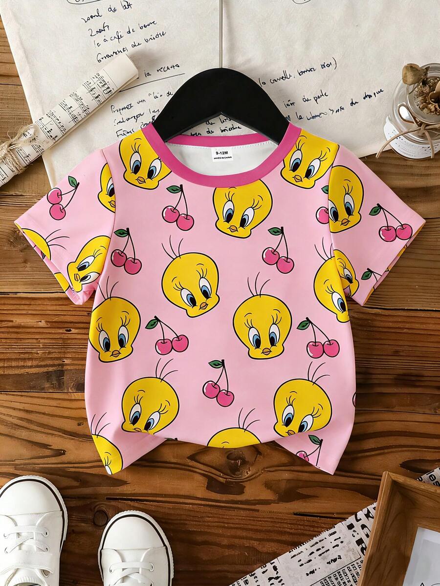 LOONEY TUNES X SHEIN GraphicGems 女婴可爱卡通印花圆领短袖上衣 - 玫紅色 - 查看 1