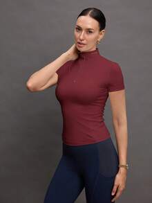 Activina Women's Solid Color Zipper Placket Short Sleeve Equestrian Top Activina Women's Stand Collar Solid Color Raglan Short Sleeve Fitted Equestrian Shirt Burgundy  Ralphlauren Old Money - Red - View 5