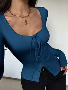 SHEIN Glamour Áo thun nữ dài tay cổ tròn, màu trơn, co giãn, buộc dây, có cúc trang trí, kiểu dáng gợi cảm, đa năng. - Màu xanh lam - Xem 3