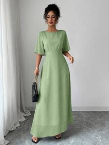 Modelyn Đầm maxi chiffon dáng suông, cổ tròn, tay bồng, bèo nhún, thanh lịch dành cho nữ, thích hợp cho mùa xuân/hè. - màu xanh lá - Xem 4