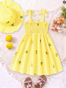 SHEIN Young Girl Lemon Print Gingham Sleeveless A-Line Sundress With Matching Hat - Yellow - View 2