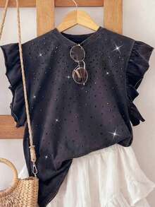 Resyla Rhinestone Embellished Minimalist Ruffle Sleeve Round Neck T-Shirt, A Gift For Friends - Black - View 3