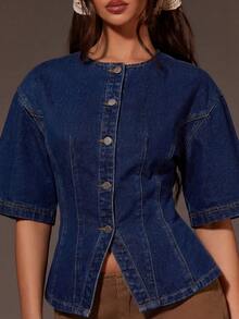 Athîral Denim 女士时尚百搭纽扣短袖牛仔衬衫，休闲日常穿着 - 藍色 - 查看 5