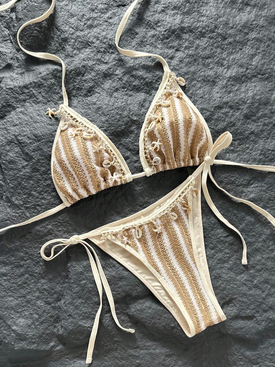 SHEIN Swim Mod Bộ bikini hai mảnh gợi cảm kiểu dây buộc cổ mới mùa Xuân/Hè 2026 với họa tiết sao biển và vỏ sò, đồ bơi quyến rũ. - Nhiều màu - Xem 1
