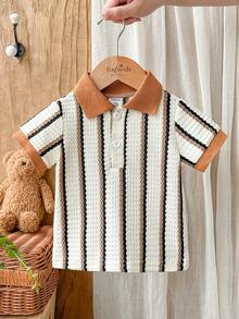SHEIN Vintaside Kids 男婴休闲提花条纹短袖polo衫，独特编织图案，领口纽扣设计方便穿脱，罗纹袖口。适合春夏婴幼儿穿着，尺码6个月至3岁。 - 棕色 - 查看 5