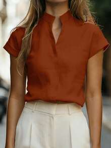 EMERY ROSE Women's Short Sleeve Stand Collar Linen-Like Shirt, Versatile And Slimming - Rust Brown - View 3