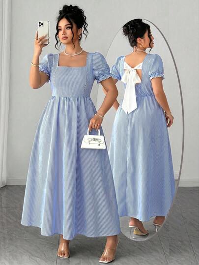 Elenzga Women's Elegant Casual Vacation Dress, Woven Fabric With Blue Striped Print, Wide Collar Waist Gathered Puff Sleeve Dress, Backless Butterfly Tie Design, Elegant Ladies Dress, Summer Dress, Beach Outfit, Beach Dress, Outing Dress, Women's Vacation Outfit, Vacation Dress, Women's Casual Dress